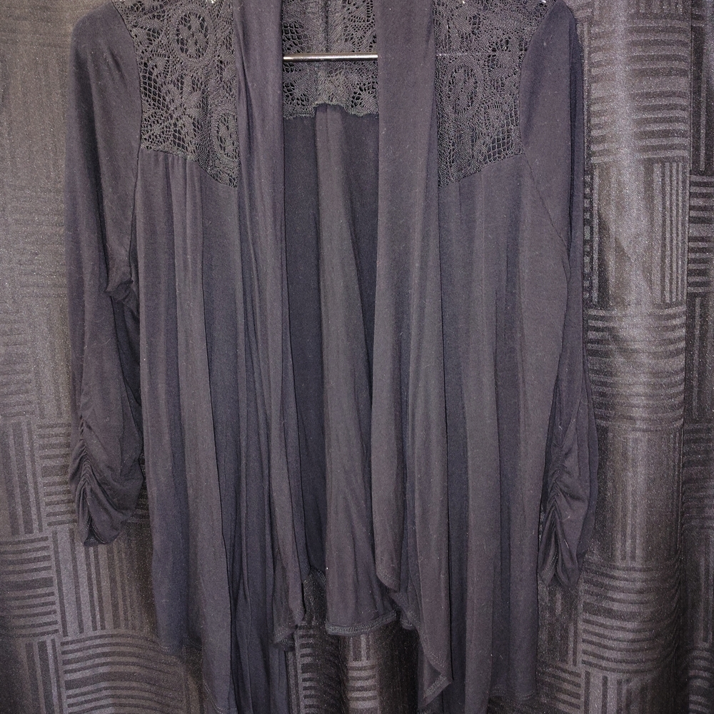 NY Collection Black Lace-Shoulder Open Front Cardigan